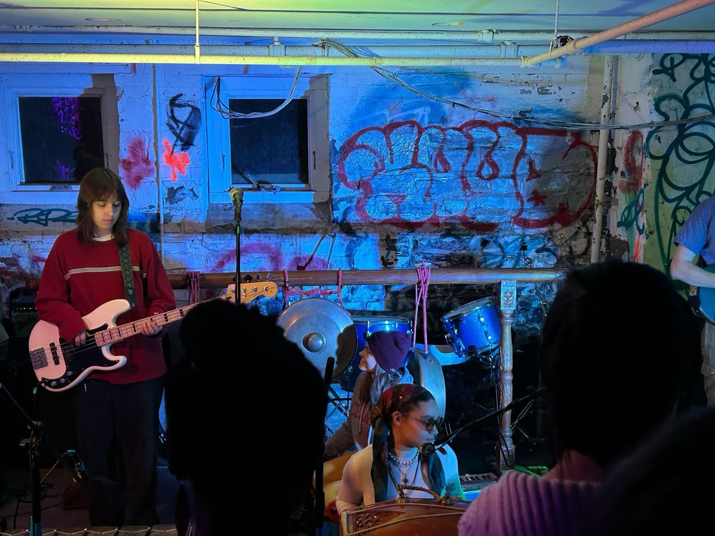 A band playing a show in the Lodge's graffiti-covered basement